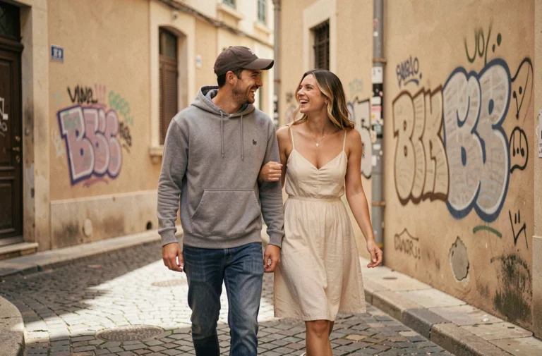 Couple mystérieux se promenant dans une rue de Marseille, illustrant la vie amoureuse discrète d'un rappeur français