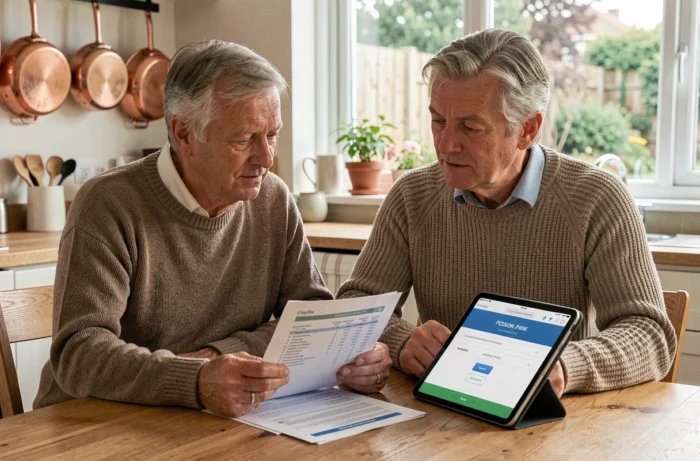 Couple de retraités planifiant la gestion de leurs congés payés restants à domicile avec des documents financiers