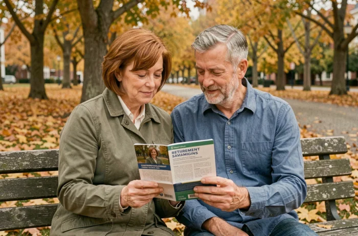 Un couple de retraités consultant un document de planification financière ensemble sur un banc de parc en automne