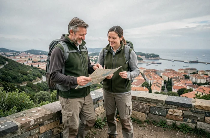 Couple de voyageurs consultant une carte sur un belvédère avec vue panoramique sur une ville côtière