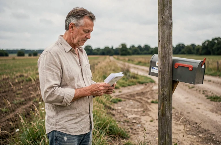 Homme tenant du courrier devant une boîte aux lettres sur un terrain non constructible en zone rurale