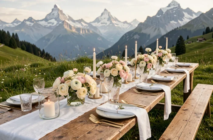 Table de réception de mariage décorée en plein air dans une prairie alpine suisse près de Grindelwald, avec arrangements floraux en roses ivoire et vue sur l'Eiger
