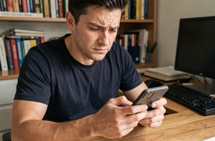 Homme tenant un smartphone Android et diagnostiquant un problème technique à son bureau à domicile