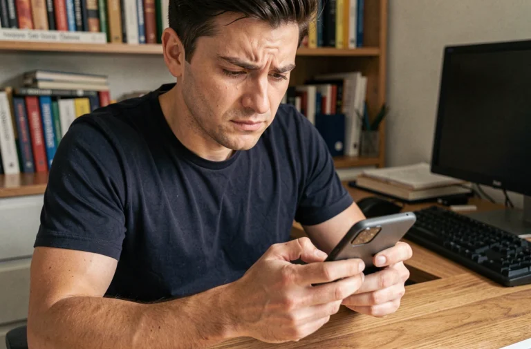 Homme tenant un smartphone Android et diagnostiquant un problème technique à son bureau à domicile