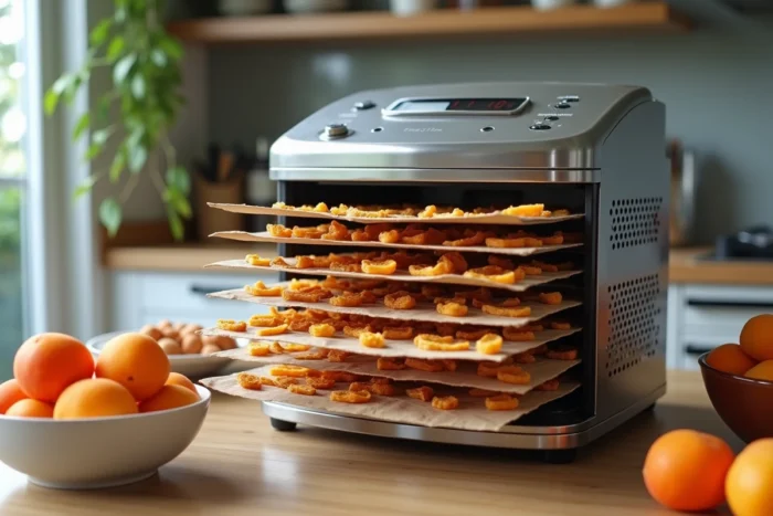 Déshydrateur alimentaire avec plateaux d'abricots séchés à différents stades de déshydratation posé sur un plan de travail de cuisine