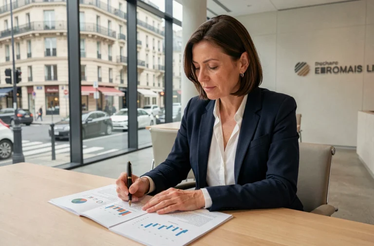 Directrice financière analysant des rapports bancaires dans un bureau moderne à Paris