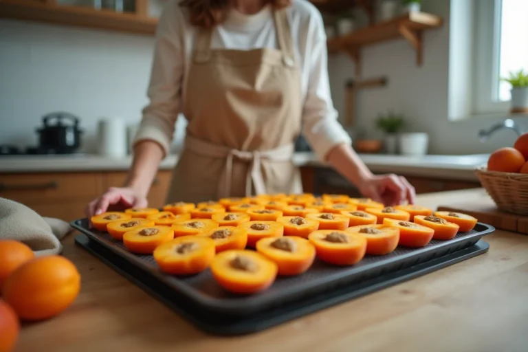 Femme disposant des abricots frais coupés en deux sur un plateau de déshydrateur alimentaire dans une cuisine maison