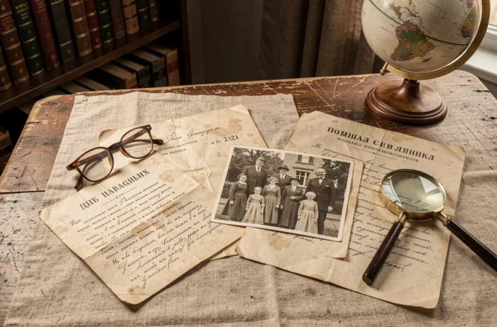 Documents généalogiques anciens en cyrillique, photographies de famille vintage et lettres jaunies posés sur une table en bois, recherche des origines russes