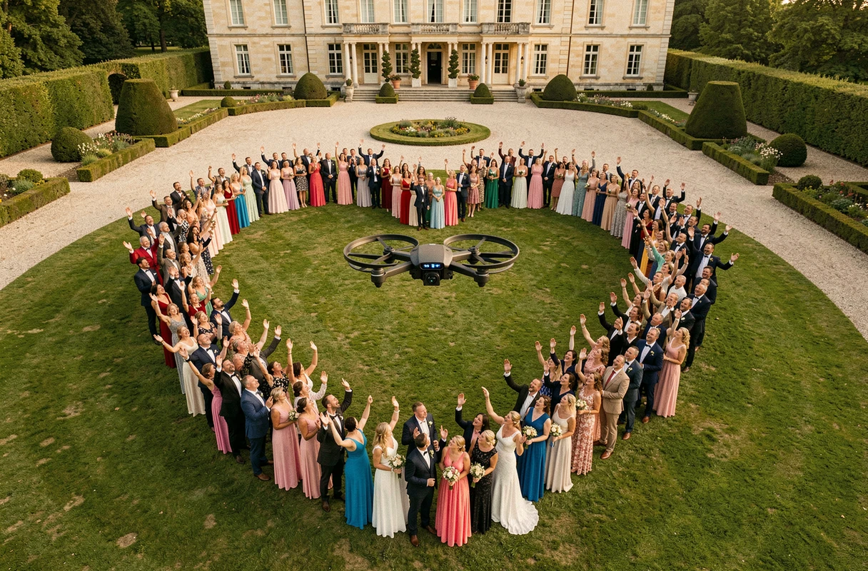 Vue semi-aérienne d'un groupe d'invités de mariage formant un cœur sur la pelouse pour une photo de groupe par drone