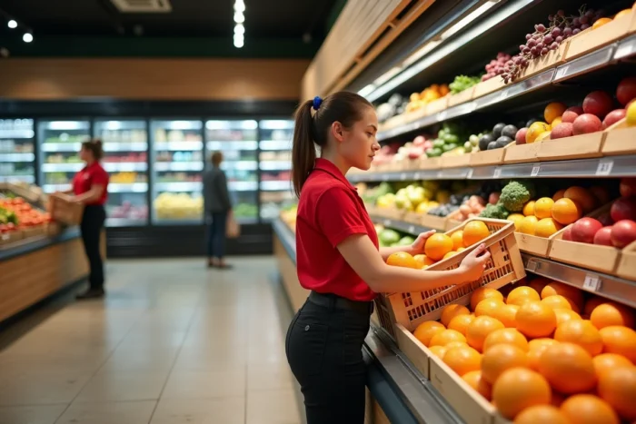Employée Carrefour Market réapprovisionnant le rayon fruits et légumes dans une épicerie de quartier urbain