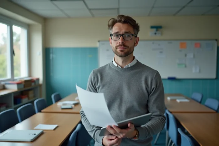 Enseignant consultant un message d'erreur sur une tablette dans la salle des professeurs