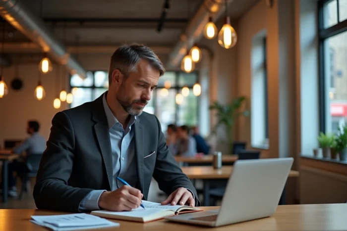 Entrepreneur concentré prenant des notes dans un espace de coworking contemporain, illustrant les conseils pratiques pour réussir dans le monde des affaires