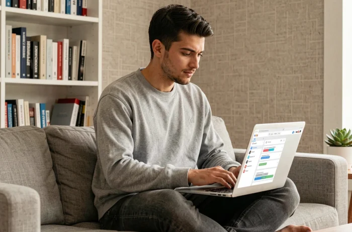 Jeune entrepreneur travaillant depuis chez lui sur la visibilité digitale de son entreprise, utilisant un ordinateur portable pour gérer les réseaux sociaux et le référencement