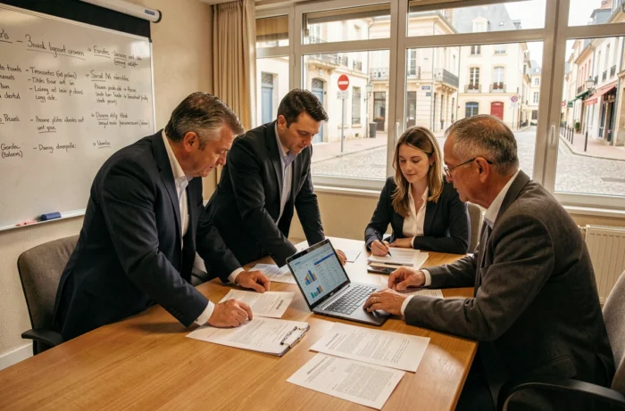 Équipe d'agents territoriaux réunis en salle de réunion pour analyser des tableaux de bord de gestion administrative numérique