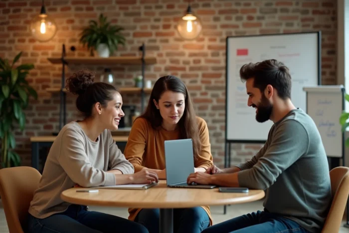 Équipe de professionnels discutant des informations essentielles sur Open Syd dans un espace de coworking