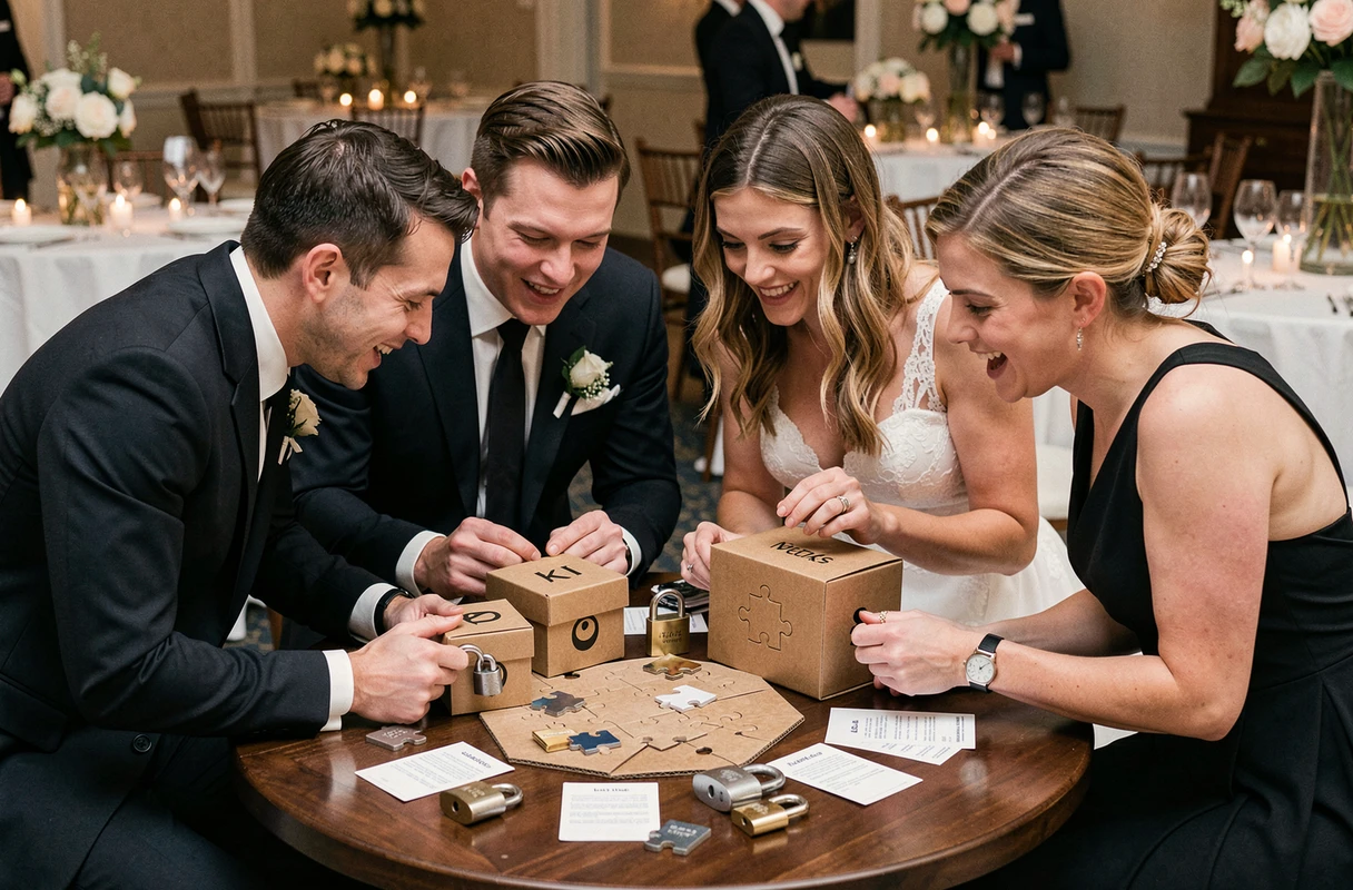 Invités de mariage en tenue de soirée jouant à un escape game portable sur le thème du mariage lors du cocktail