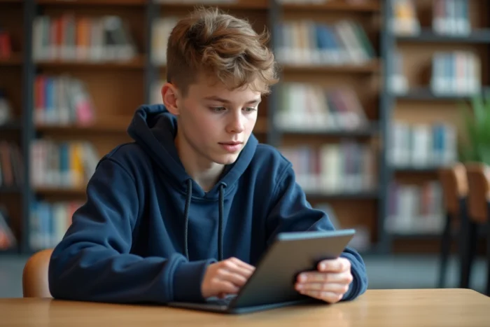 Adolescent consultant l'espace élèves et familles en ligne sur une tablette dans une bibliothèque