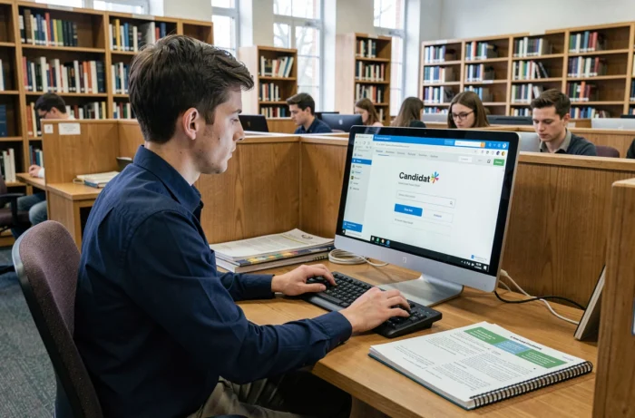 Étudiant consultant le portail eCandidat sur un ordinateur de bibliothèque universitaire pour soumettre sa candidature