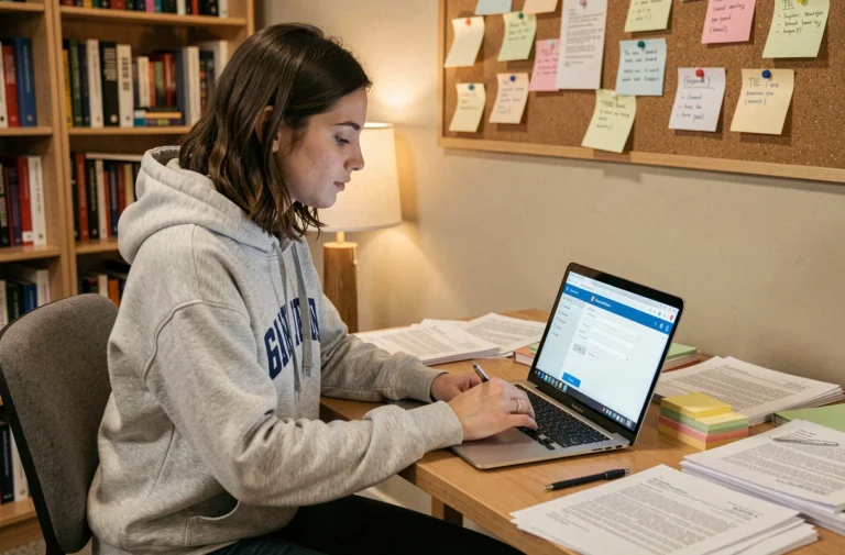 Étudiante remplissant un dossier de candidature universitaire en ligne sur un ordinateur portable dans son appartement