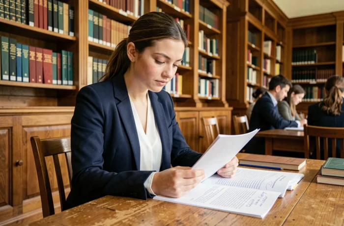 Étudiante universitaire consultant des documents sur le système LMD dans une bibliothèque académique classique