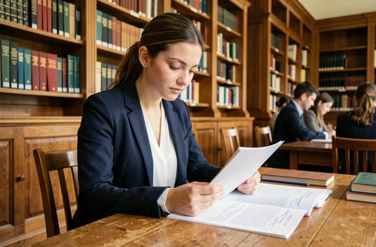 Étudiante universitaire consultant des documents sur le système LMD dans une bibliothèque académique classique