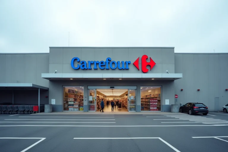 Façade extérieure d'un hypermarché Carrefour en zone commerciale avec parking et enseigne emblématique
