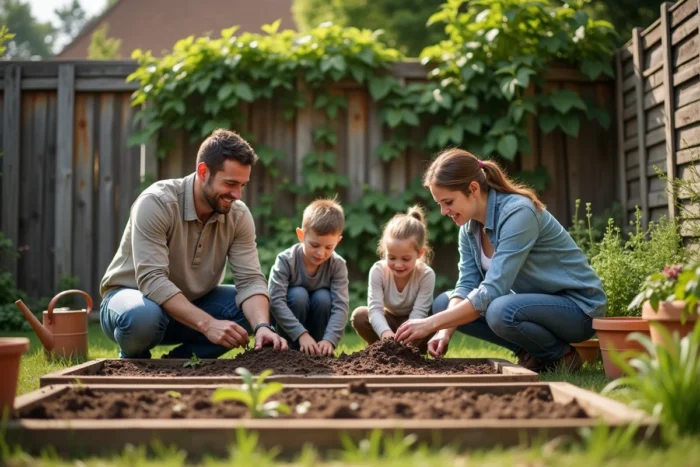 Famille entière jardinant ensemble dans le jardin familial le week-end, parents et enfants plantant des légumes dans des bacs en bois