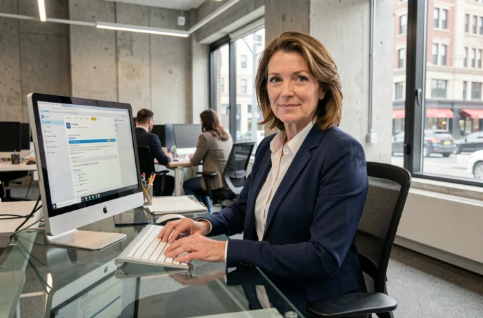Femme accédant à sa messagerie email dans un bureau professionnel en open space