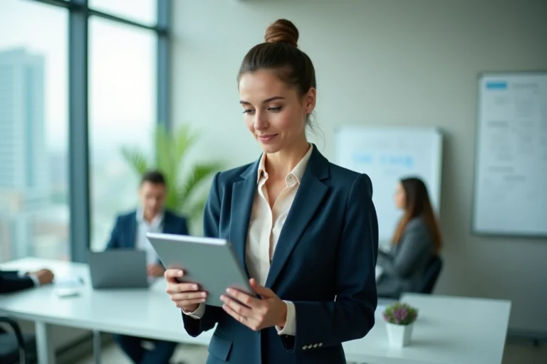 Femme d'affaires confiante consultant une tablette dans un bureau moderne avec vue sur la ville, illustrant les tendances du monde professionnel