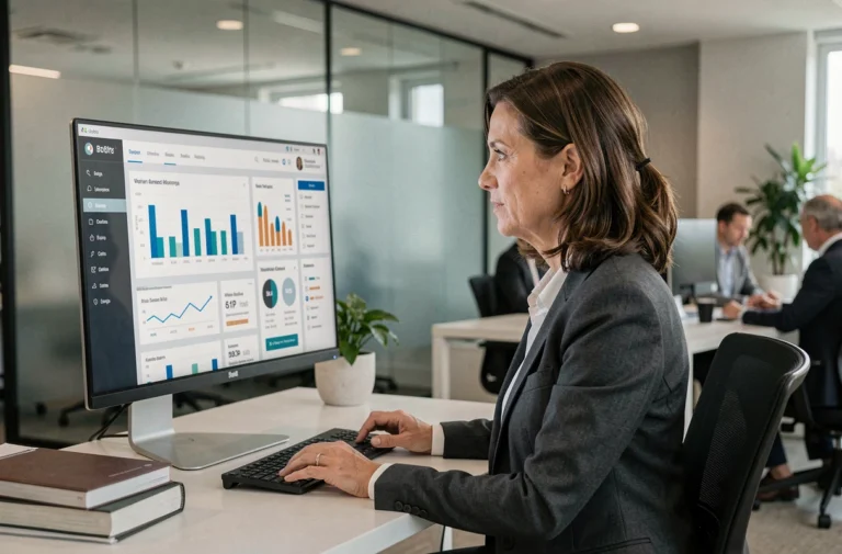 Femme d'affaires utilisant une plateforme B2B dédiée sur un grand écran dans un bureau moderne