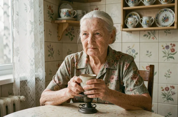Femme âgée aux traits slaves tenant un thé dans un verre russe traditionnel, assise dans une cuisine d'Europe de l'Est, symbolisant les racines familiales