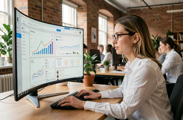 Femme professionnelle analysant un tableau de bord de marketing digital sur grand écran dans un bureau moderne, illustrant la visibilité en ligne d'une entreprise