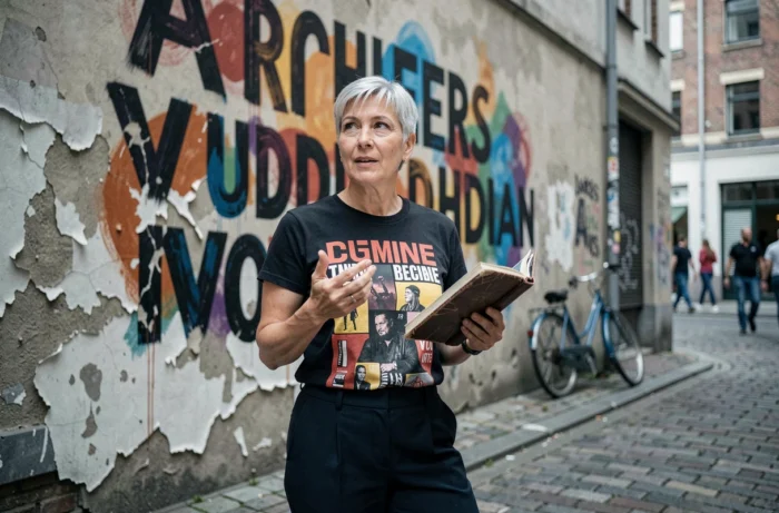 Femme aux cheveux argentés tenant un carnet devant une fresque typographique urbaine, portrait engagé symbolisant la prise de parole féminine contemporaine