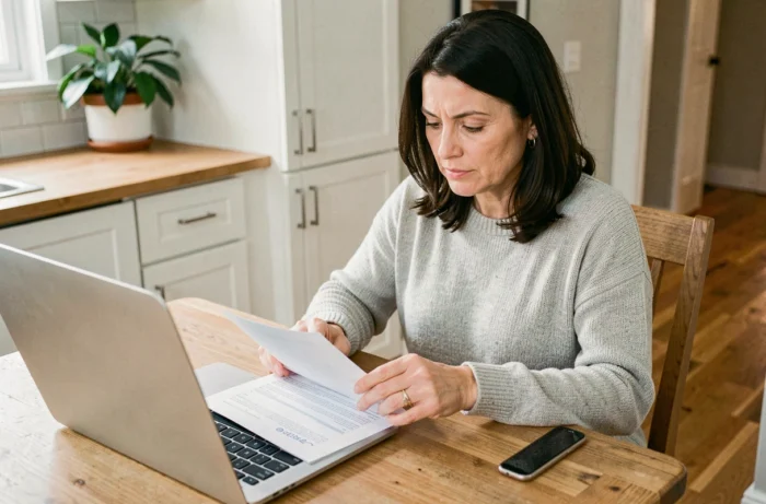 Femme consultant des documents d'assurance habitation sur une table en bois dans une cuisine moderne