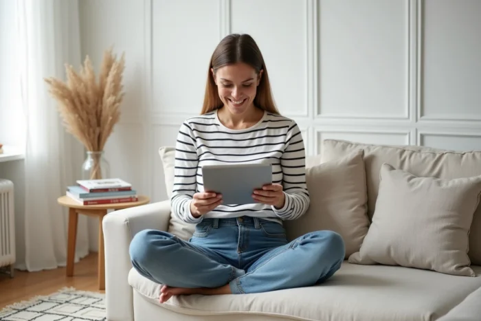 Femme consultant le blog Miss Marion sur une tablette depuis son salon décoré en style scandinave