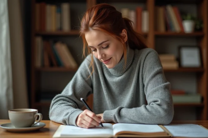 Femme concentrée à son bureau en bois dans un bureau à domicile cosy entouré de livres et de notes