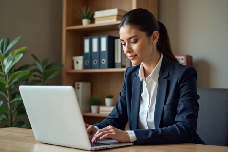 Femme utilisant un portail administratif scolaire sur ordinateur portable dans un bureau à domicile