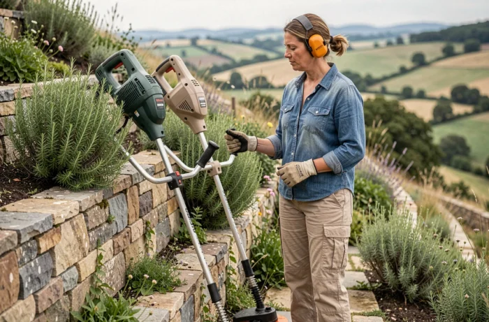 Femme comparant deux débroussailleuses thermiques dans un jardin en pente avant d'effectuer son choix