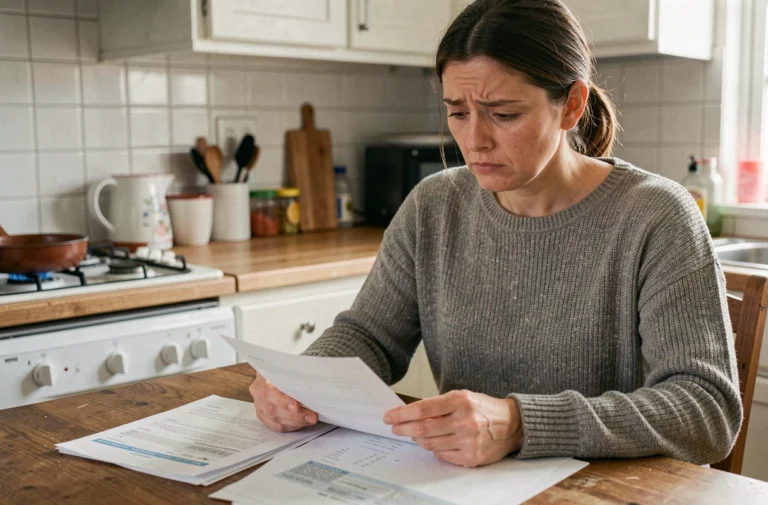 Femme consultant un relevé bancaire en attendant un virement CAF sur son compte Banque Postale