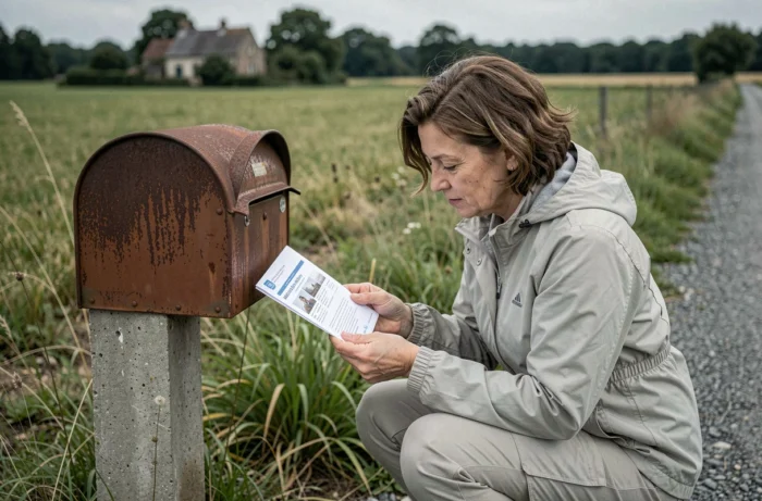 Femme examinant une enveloppe administrative dans une boîte aux lettres en bordure d'un terrain agricole non constructible