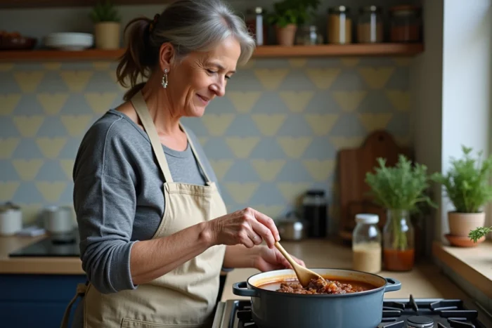 Femme cuisinant une carbonnade flamande ch'ti dans une cuisine belge traditionnelle avec une cocotte en émail sur feu de gaz