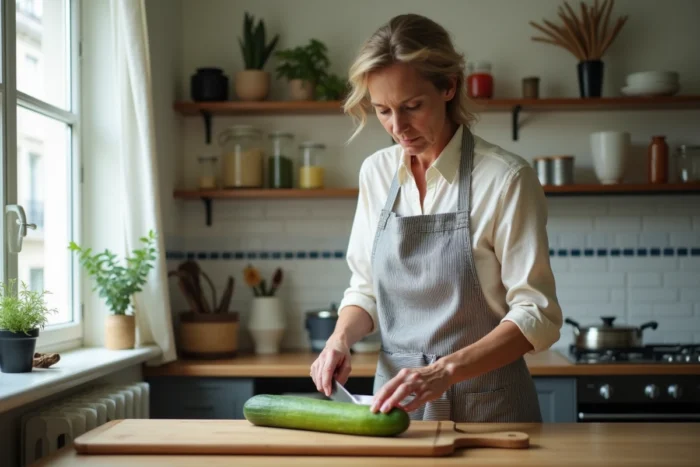 Femme française en tablier tranchant un concombre dans une cuisine parisienne traditionnelle avec carrelage bleu et blanc