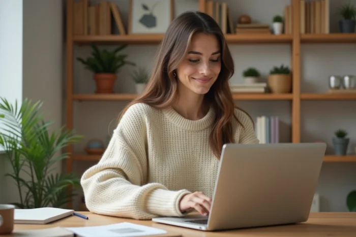 Jeune femme parcourant le site Miss Marion sur un ordinateur portable dans un bureau cosy et bien organisé