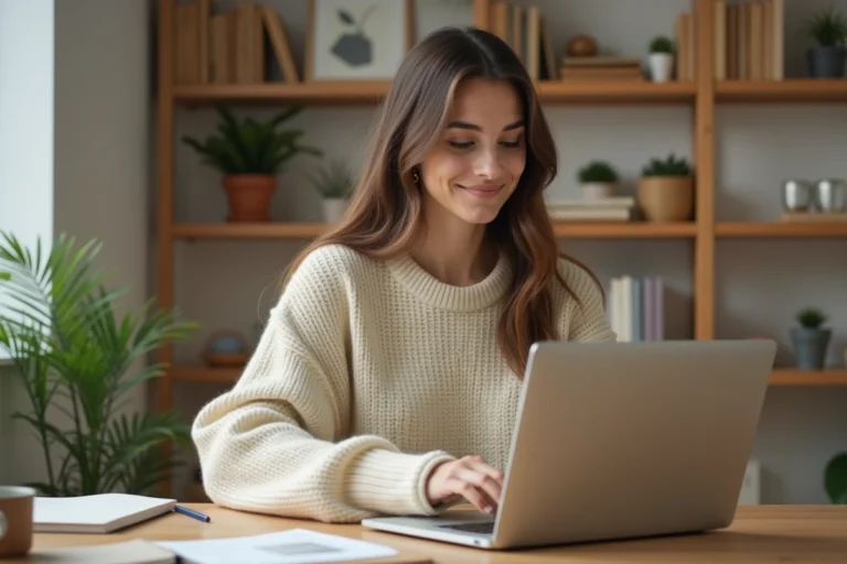 Jeune femme parcourant le site Miss Marion sur un ordinateur portable dans un bureau cosy et bien organisé