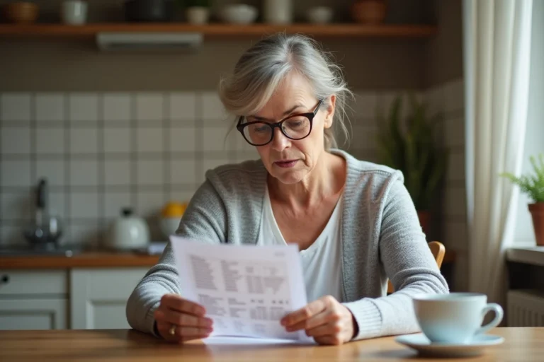 Femme consultant un document officiel CESU avec code NAN à la table de sa cuisine