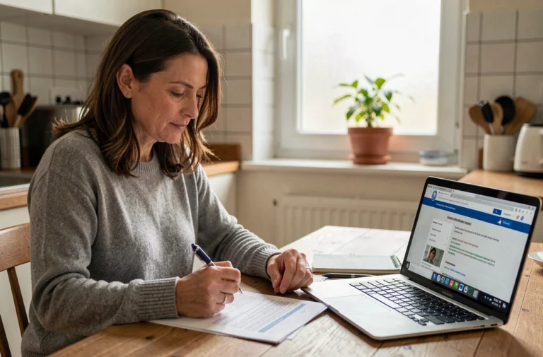 Femme consultant des documents CAF à la table de cuisine pour vérifier son délai de paiement