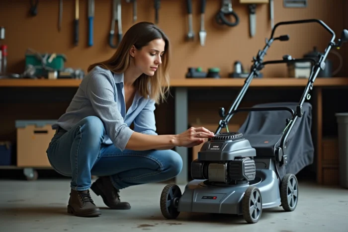 Femme inspectant le dessous d'une tondeuse électrique dans un garage, test et maintenance