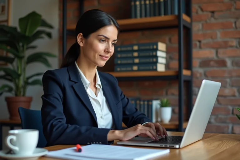 Femme juriste consultant un blog de droit public en ligne sur un ordinateur portable dans un bureau moderne
