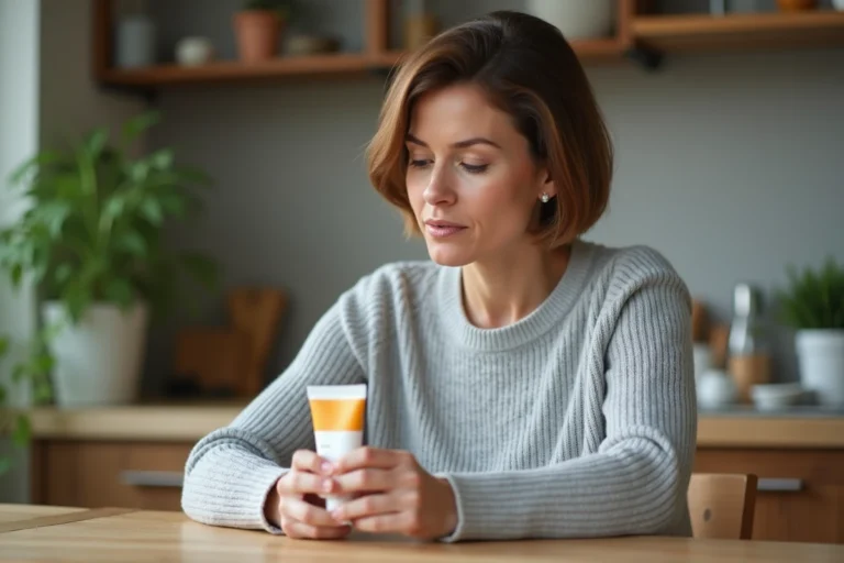 Femme lisant attentivement l'étiquette d'une pommade anti-inflammatoire sans ordonnance dans sa cuisine
