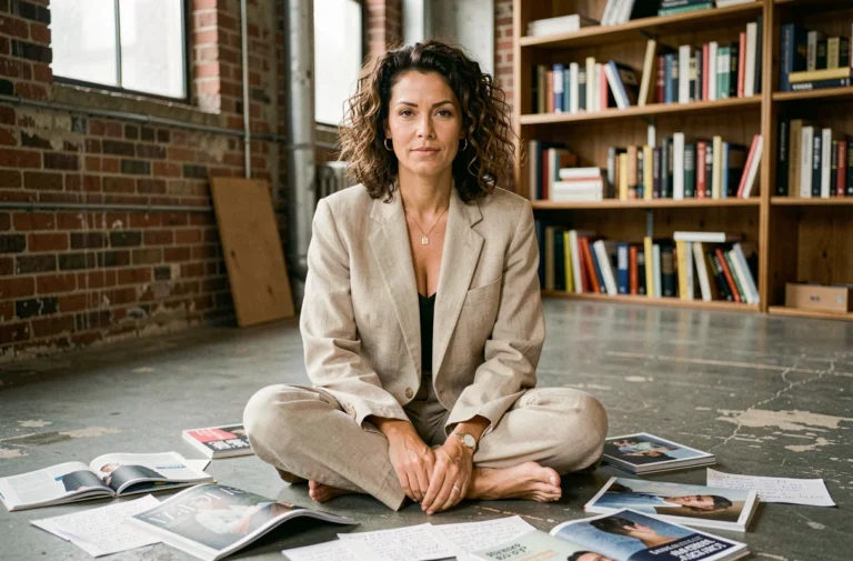 Femme aux cheveux bouclés naturels en blazer lin, assise entourée de magazines féministes dans un loft industriel, portrait éditorial authentique